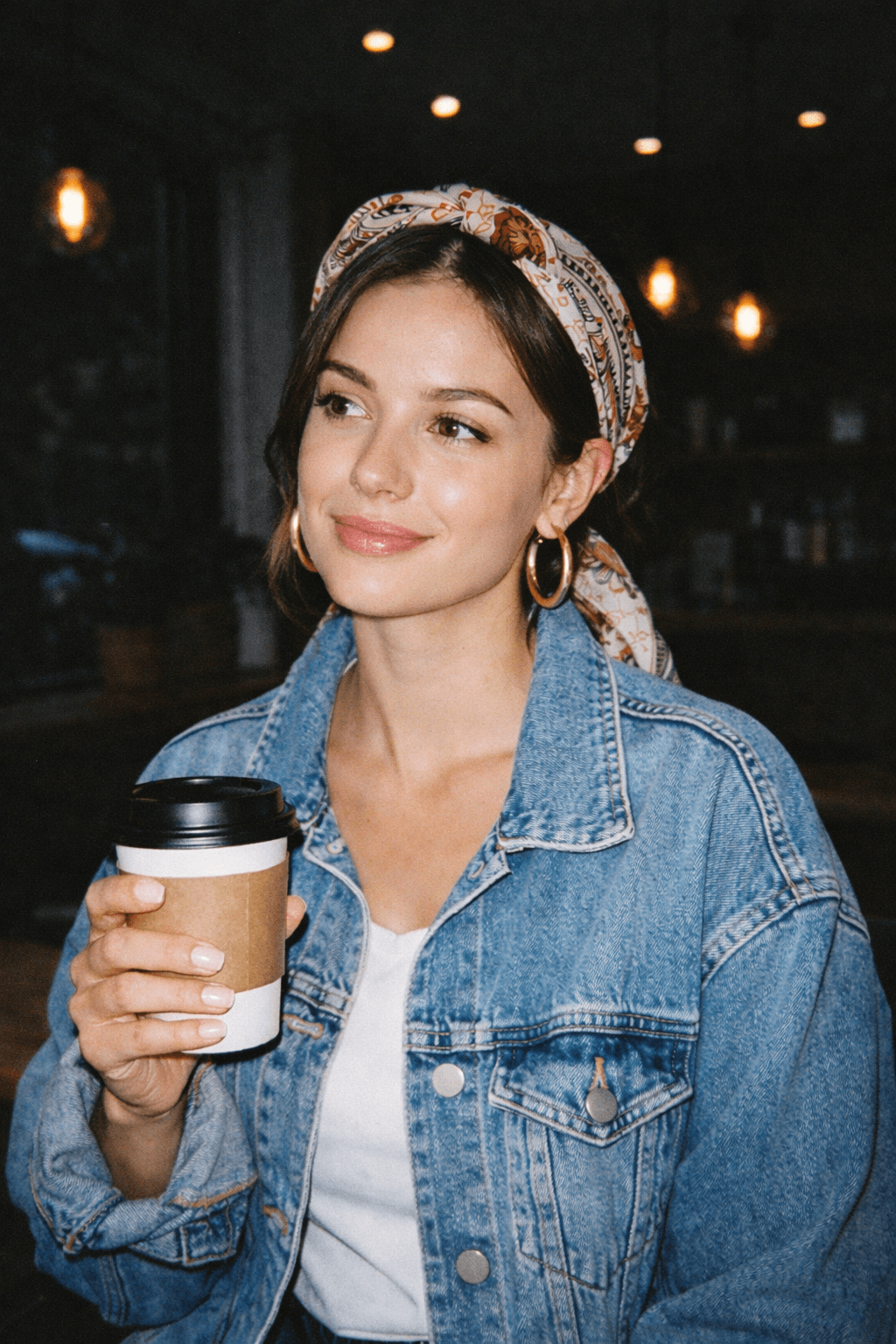 Young woman in a café holding a takeaway coffee, photographed with harsh disposable-camera flash, bright subject with darker background and visible grain.